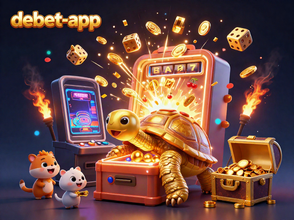 Experience the excitement with debet-app's engaging casino scene featuring vibrant characters and dynamic game elements.