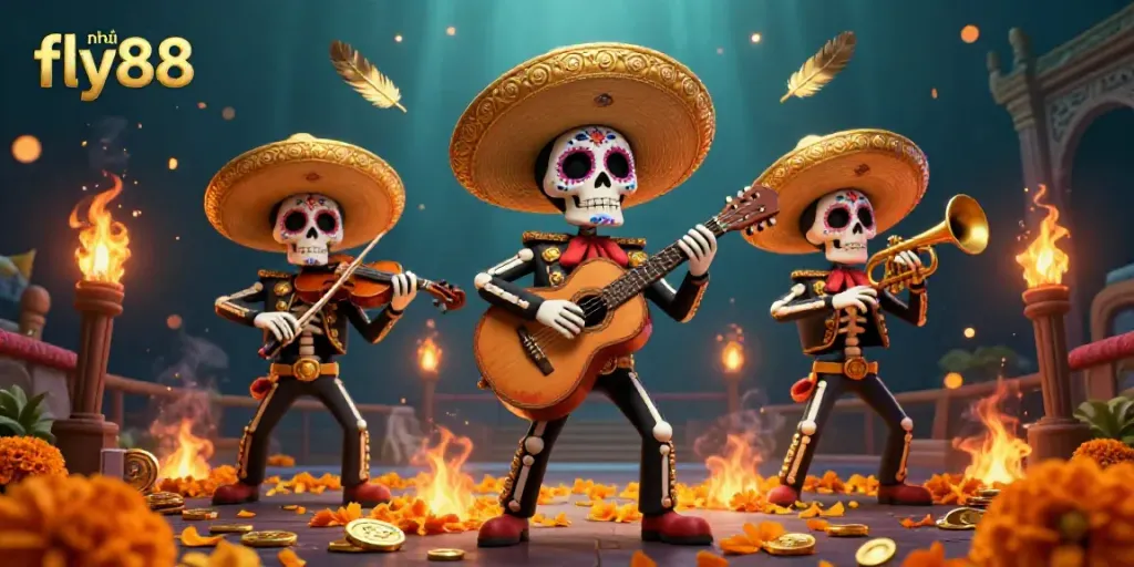 Engage with exciting gameplay at nhà cái fly88, featuring lively mariachi skeletons in a vibrant casino setting.