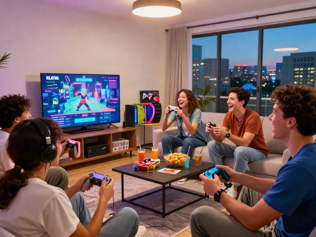 Exciting gaming experience on KILAT404 with friends enjoying various games together in a lively atmosphere.