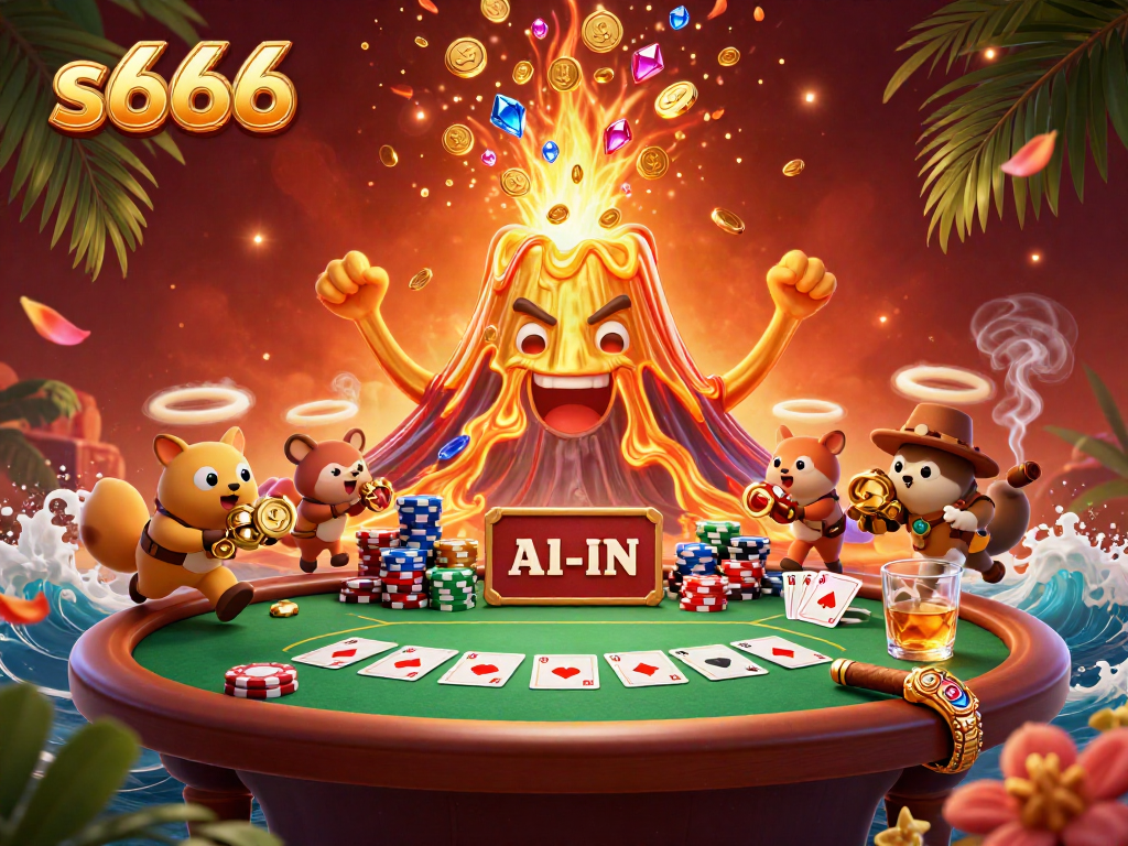 S666 themed volcanic eruption illustration with coins and treasure for an online casino.