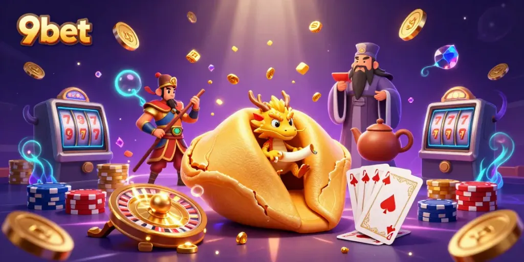 Experience daily wins with 9bet at a lively casino illustration featuring fortune characters.