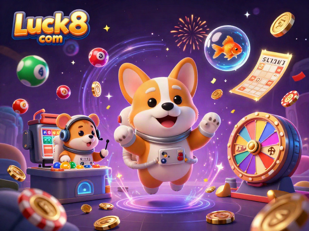 Experience the thrill at Luck8 com with a vibrant 3D casino space scene filled with exciting gaming elements.