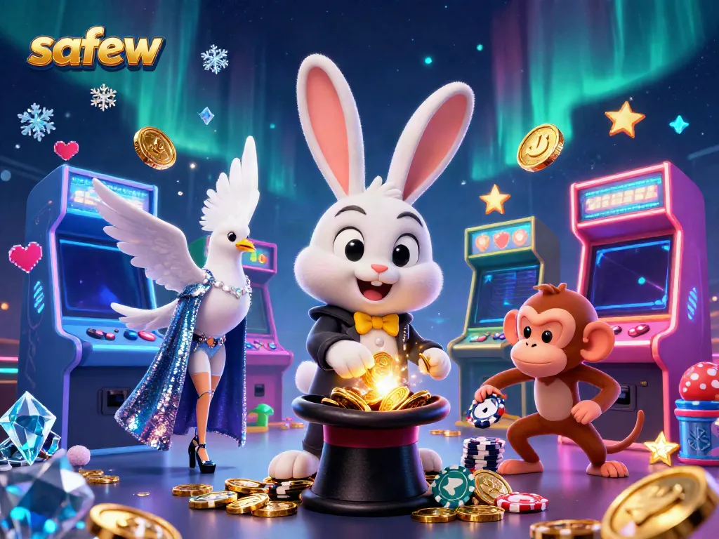Experience the magic of safew with a rabbit, dove, and monkey in a vibrant casino setting.