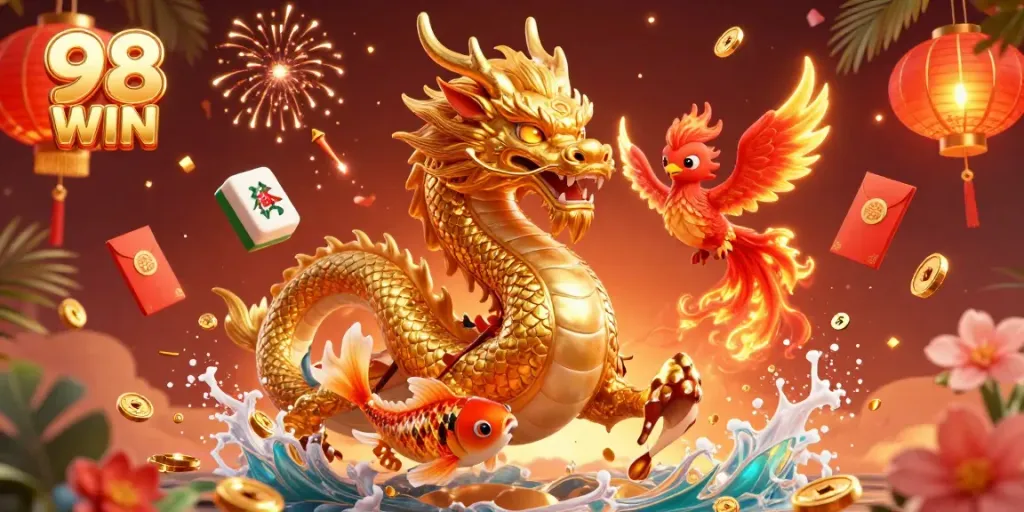 Engage with the festive spirit of 98 WIN as a fierce golden dragon and red phoenix celebrate wins with showering coins in a vibrant casino atmosphere.