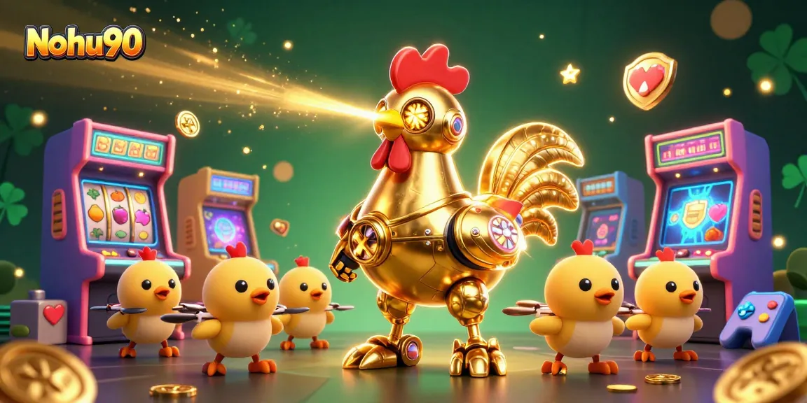 Nohu90 brings legendary gaming adventures with a golden rooster robot and baby chick drones in action.