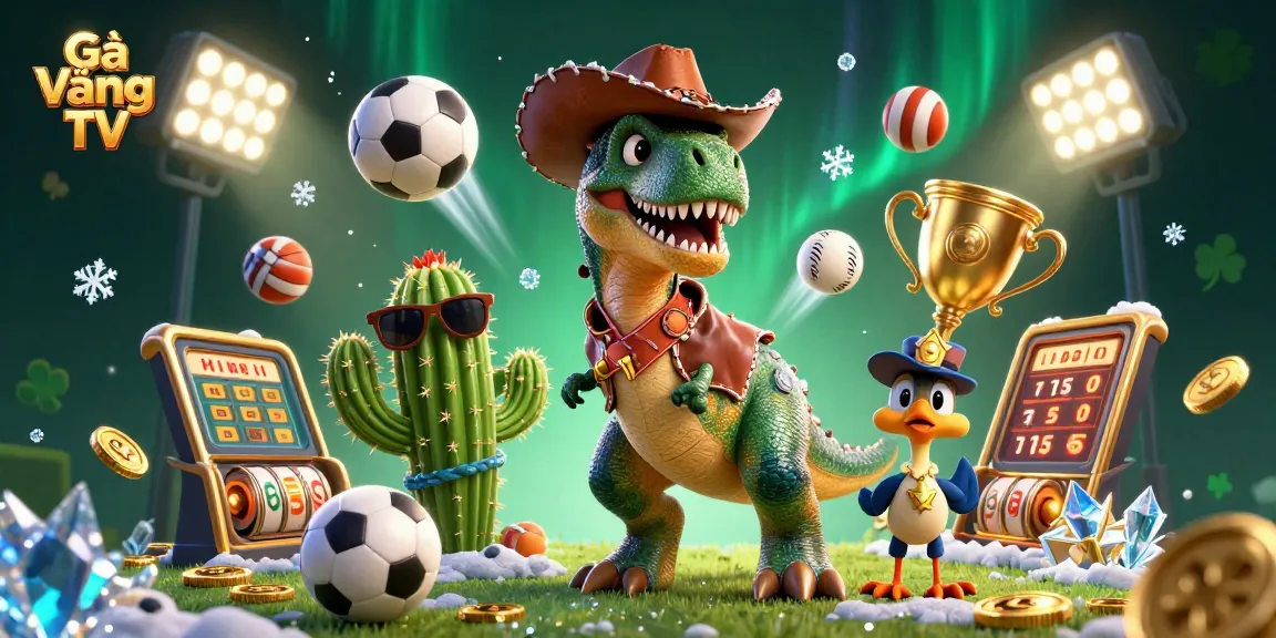 Experience dynamic sports betting excitement with Gà Vàng TV's lively 3D illustration showcasing gambling elements.