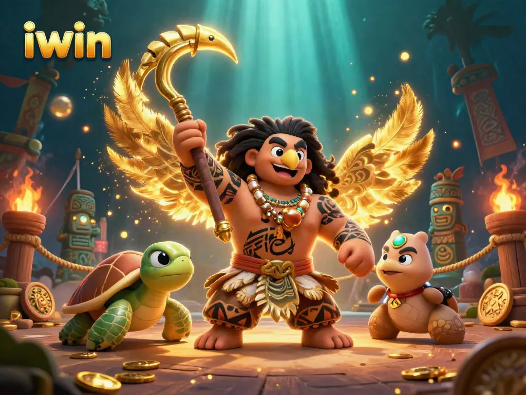 Join the thrilling world of iwin with a cartoon Polynesian demigod and turtle amidst dynamic gambling elements.