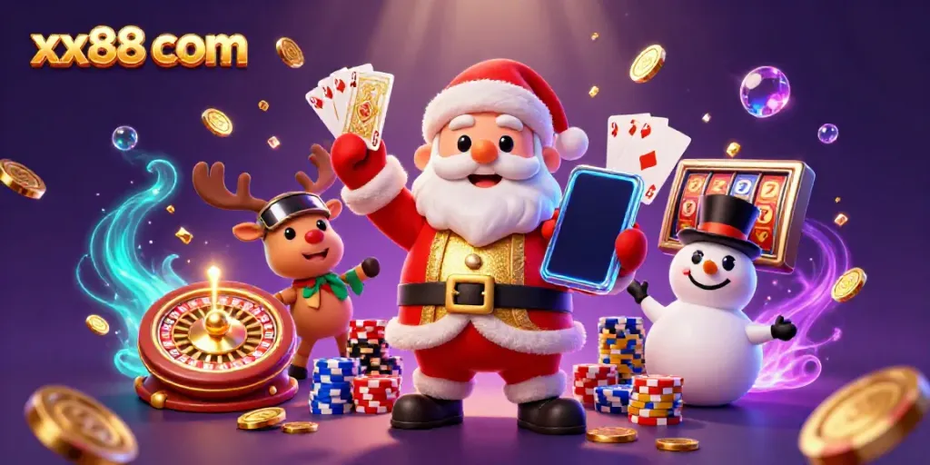 Engage with xx88 com in a lively 3D casino scene featuring Santa and friends celebrating jackpots.