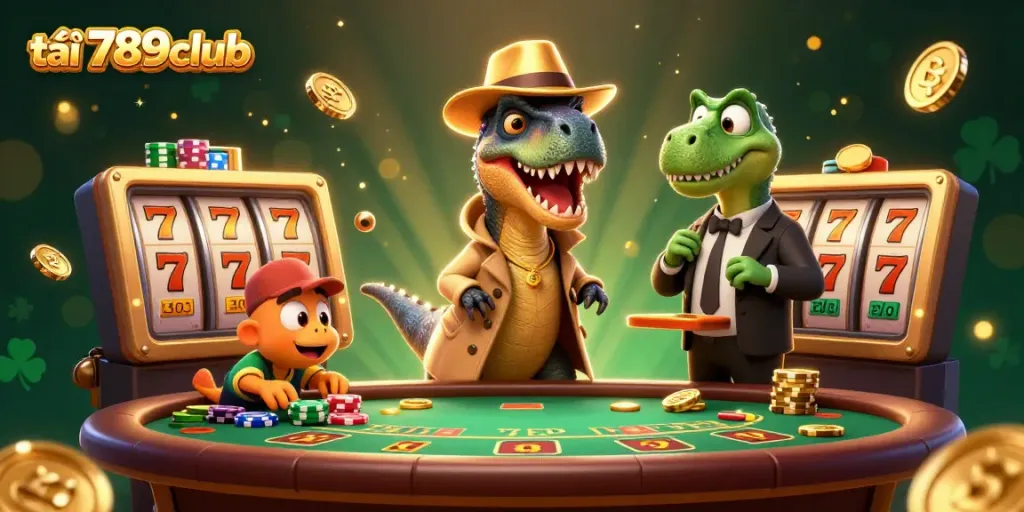 Experience a vibrant casino scene with tải 789club featuring a velociraptor card counter, stegosaurus, and chip-stealing compy.