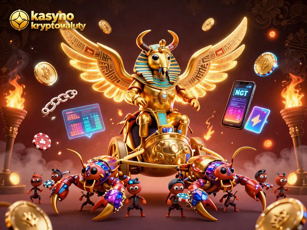 Play exciting games at kasyno kryptowaluty with golden beetle and scorpions amid digital coins.