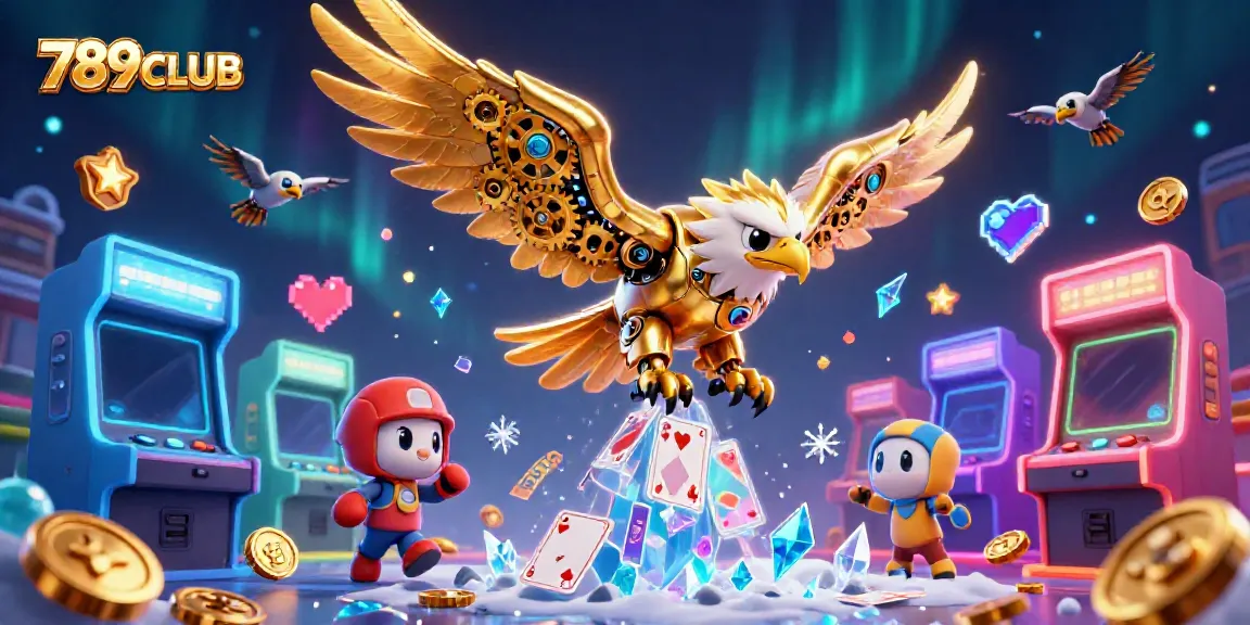 Experience the exciting atmosphere of 789CLUB as a golden eagle dives through holographic cards amidst vibrant game elements.