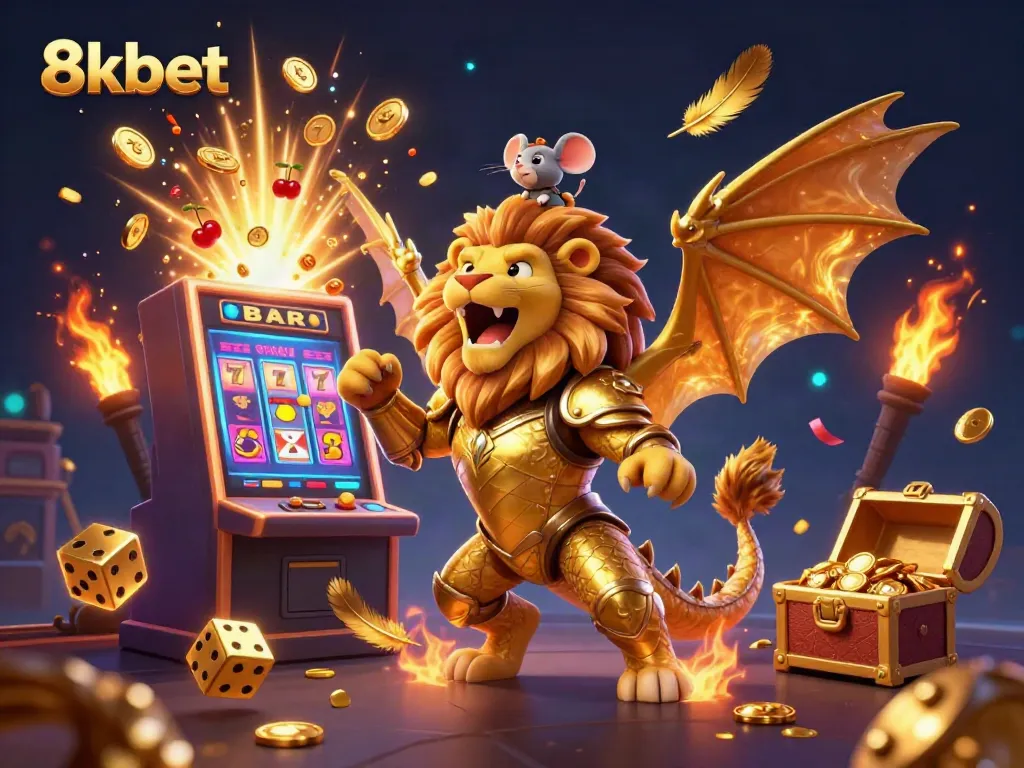 Experience the excitement of the 8kbet jackpot with a dynamic 3D illustration featuring mythical characters and casino elements.