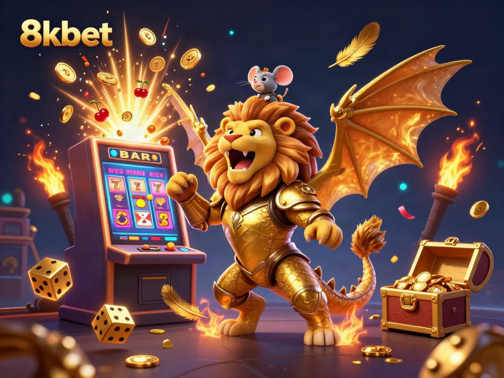 Experience the excitement of the 8kbet jackpot with a dynamic 3D illustration featuring mythical characters and casino elements.