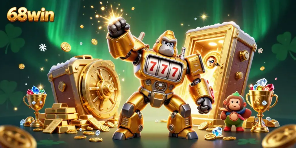 Experience thrilling jackpots in an animated 68win scene with a golden gorilla mech and exploding coins.