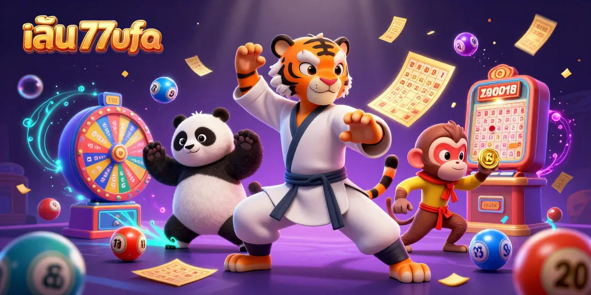 Engage in thrilling gameplay with เล่น 77ufa, featuring a kung fu tiger master, a panda disciple, and dynamic lottery elements.