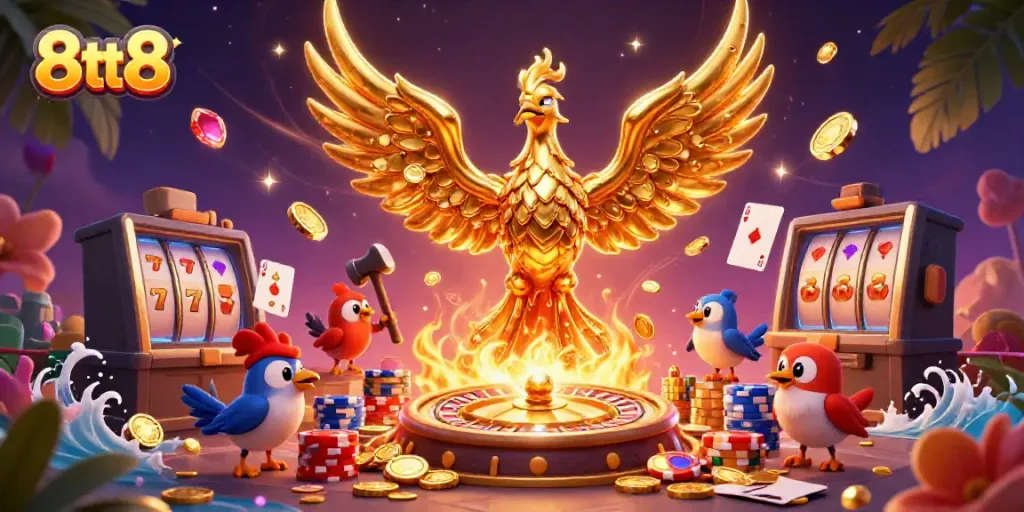 Experience thrilling gameplay at 8tt8, featuring golden phoenix and vibrant casino elements.