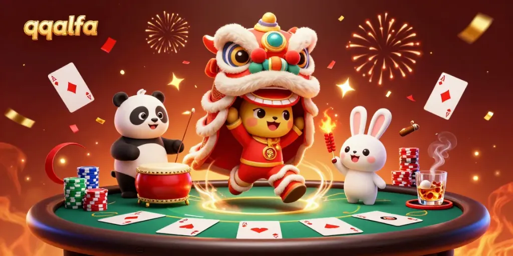 Gambaran meriah karakter qqalfa dengan kostum singa, dikelilingi chip poker dan dekorasi, menampilkan suasana kasino.