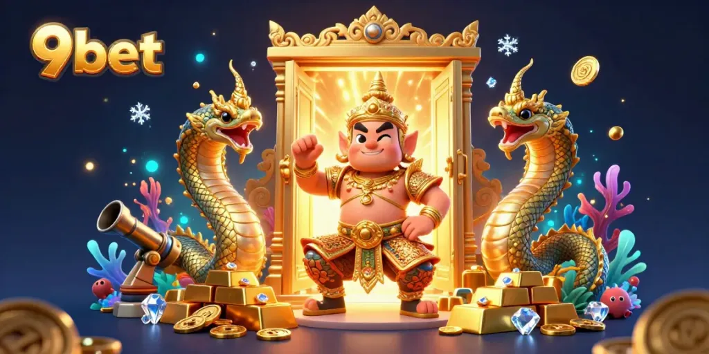 Engage with the thrilling world of 9bet through this vibrant 3D illustration featuring a fierce guardian and treasure.