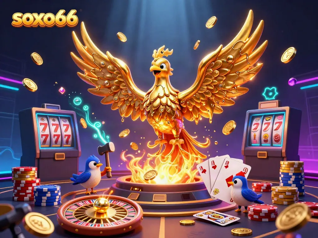 Soxo66 features a golden phoenix and blacksmith sparrows amidst dynamic casino elements.