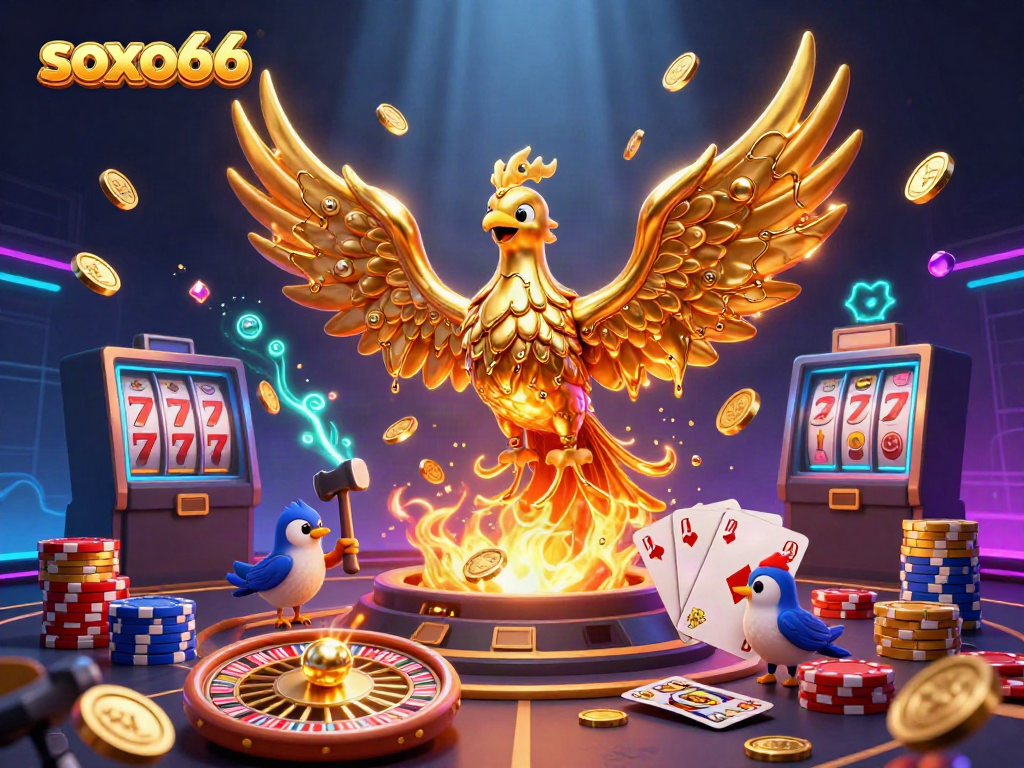 Soxo66 features a golden phoenix and blacksmith sparrows amidst dynamic casino elements.
