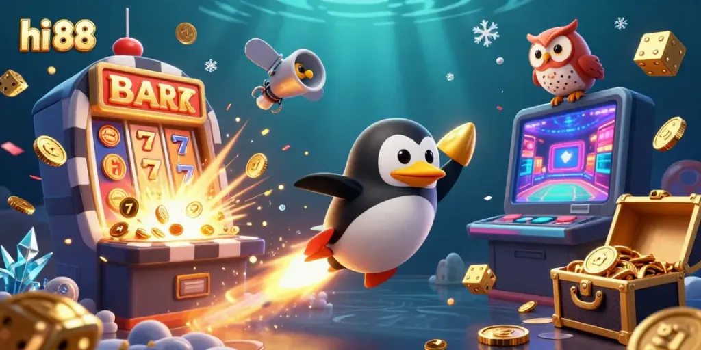 Experience winning with hi 88 in this vibrant 3D casino illustration featuring a golden penguin and exciting game elements.
