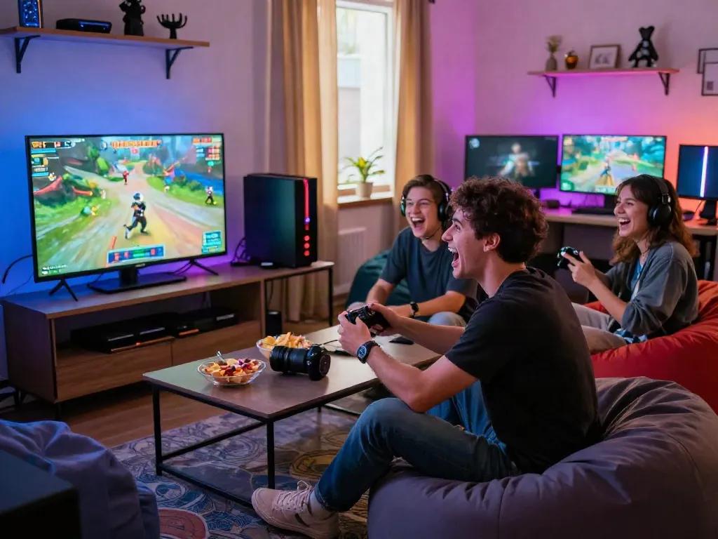 Players enjoying an exciting gaming session with garuda404 on large screen, snacks surrounding them.
