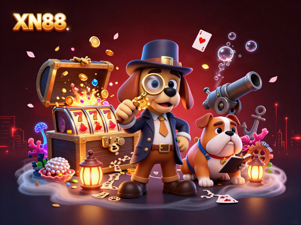 Experience the excitement of XN88 with exclusive poker chip clues and vibrant slot machines in a rich casino scene.