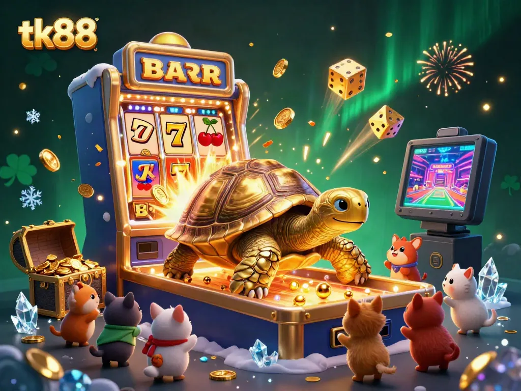 Engage with the thrilling tk88 jackpot scene featuring a golden tortoise pinball machine amidst a vibrant casino atmosphere.