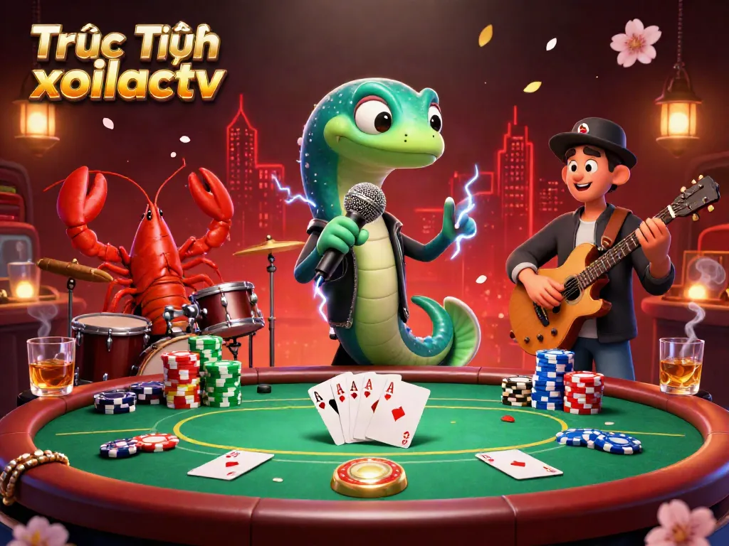 Experience the excitement of Trực Tiếp xoilactv with an electrifying underwater casino performance featuring vibrant characters and poker elements.
