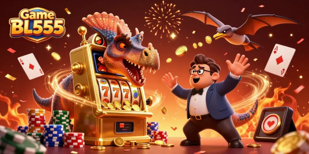 Experience thrilling wins at Game BL555 with cartoon dinosaurs amidst a dynamic casino scene.
