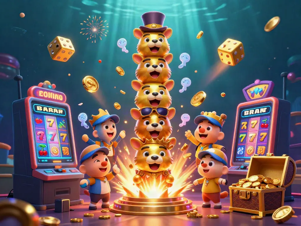 Experience the excitement of fly88 with a colorful casino scene featuring vibrant characters, coins, and slot machines.