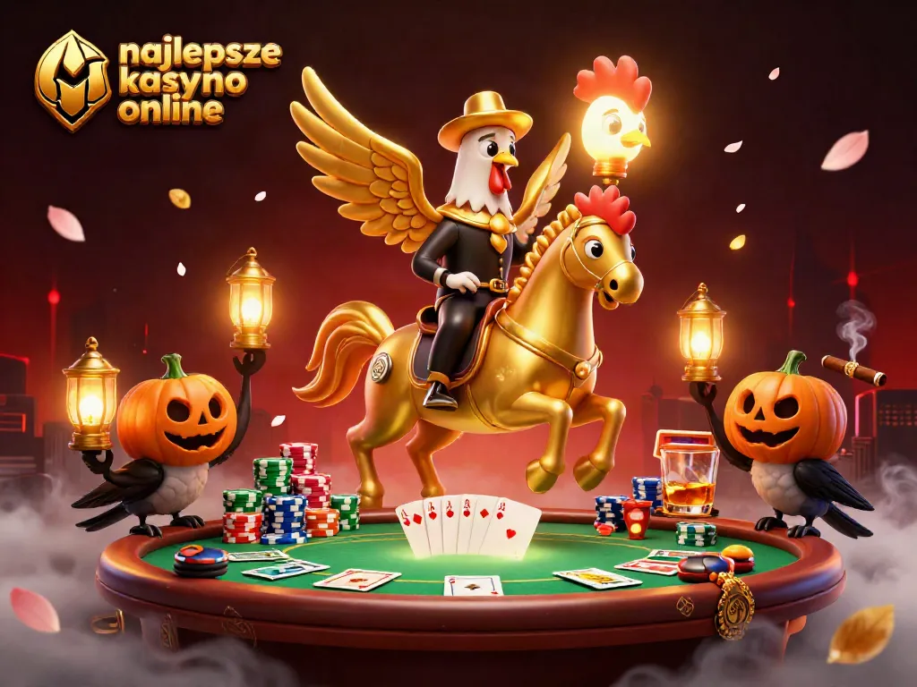 Engage with the excitement of the najlepsze kasyno online featuring a golden rooster in a vibrant casino scene.