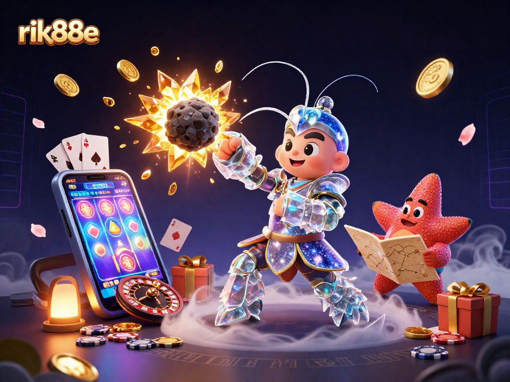 Experience the thrill of rik88e as a mantis shrimp battles through an asteroid, revealing gems and coins.