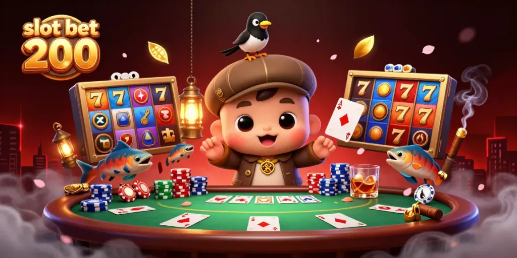 Slot bet 200 berputar di mesin slot dengan keberuntungan tinggi, dikelilingi karakter lucu dan elemen kasino.