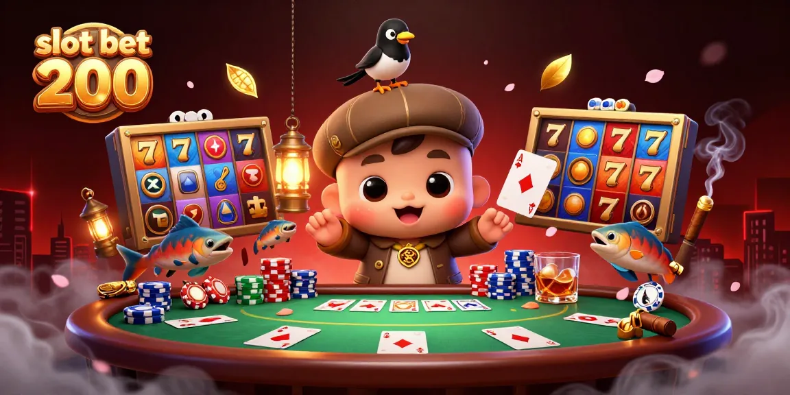 Slot bet 200 berputar di mesin slot dengan keberuntungan tinggi, dikelilingi karakter lucu dan elemen kasino.