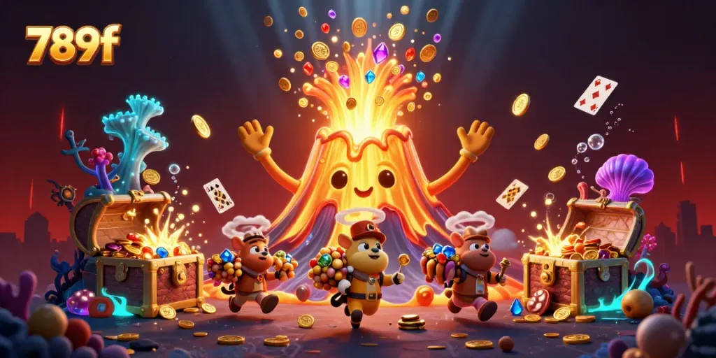 Experience the thrill of 789f with golden volcano and treasure-hunting animals in this vibrant casino scene.