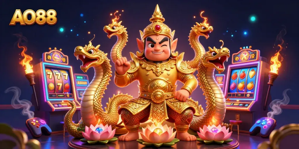 Spin the reels at AO88 with a dazzling guardian and vibrant casino elements illuminating the scene