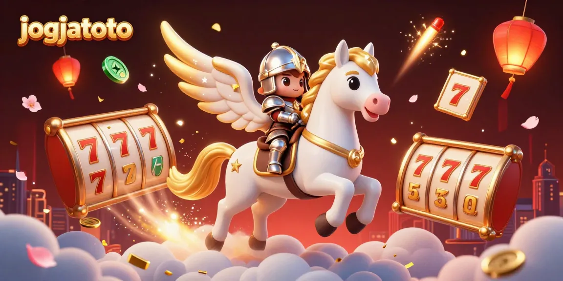 Experience the thrill of jackpot wins with jogjatoto's vibrant 3D casino illustration featuring a celestial horse and spinning slot reels.