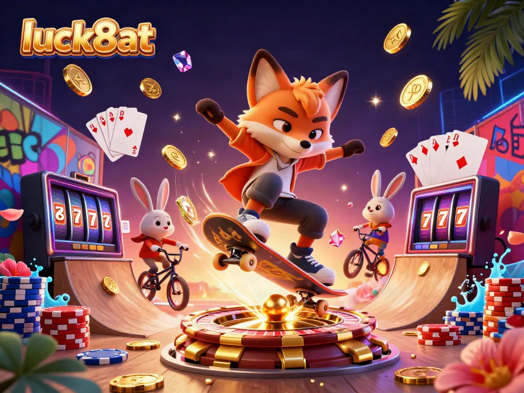 Experience exciting gameplay with Luck8at featuring a skateboarder fox and BMX rabbit in a vibrant casino scene.