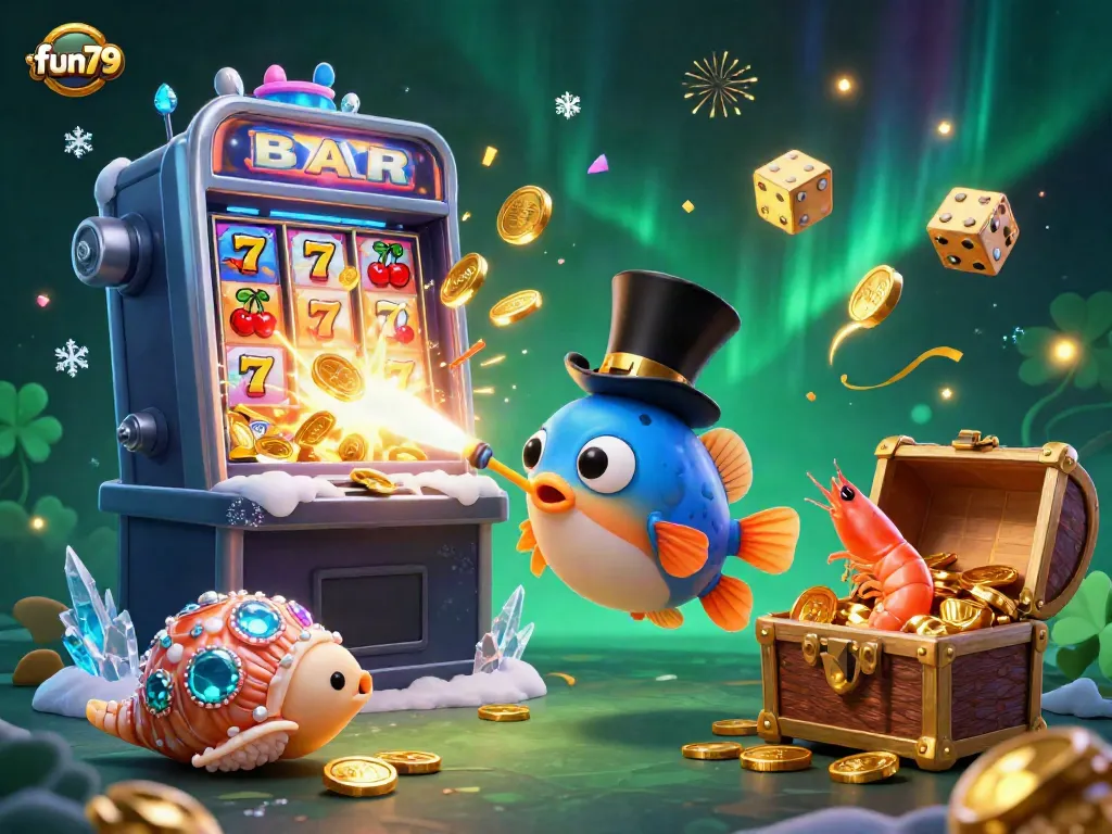 Experience the excitement of fun79 with a vibrant casino scene featuring an anglerfish, shrimp, and snail amidst a jackpot explosion.