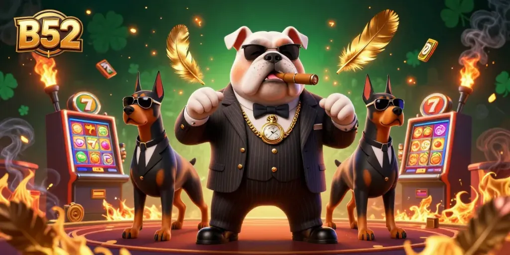 Hit big in B52 casino with cartoon mafia bulldog and luxury slots in vibrant scene.