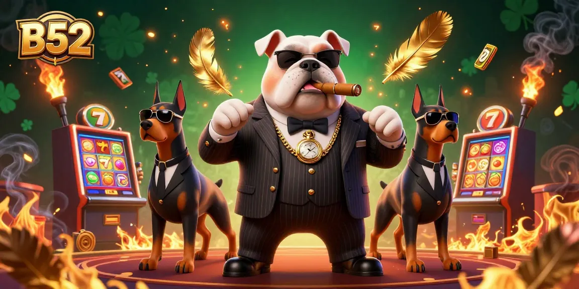 Hit big in B52 casino with cartoon mafia bulldog and luxury slots in vibrant scene.
