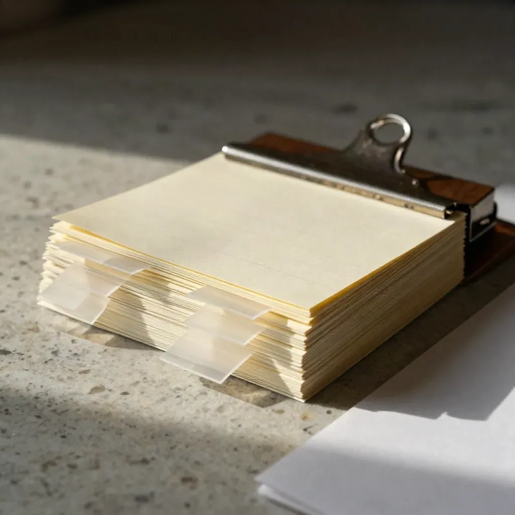 Laminowane karty do nauki, kolorowe zakładki i folder na jasnym kamiennym blacie.