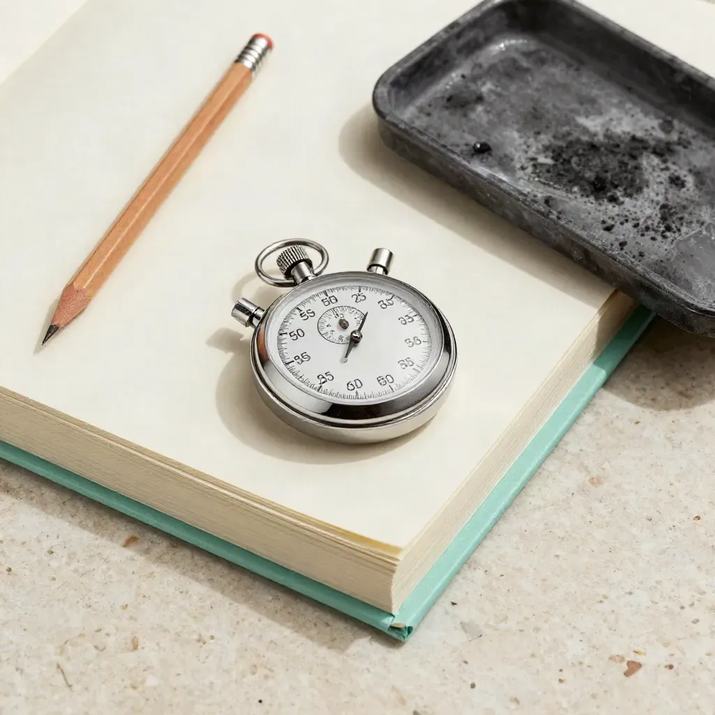Stopwatch, książeczki egzaminacyjne i ołówek na trawertynie, ujęcie z góry