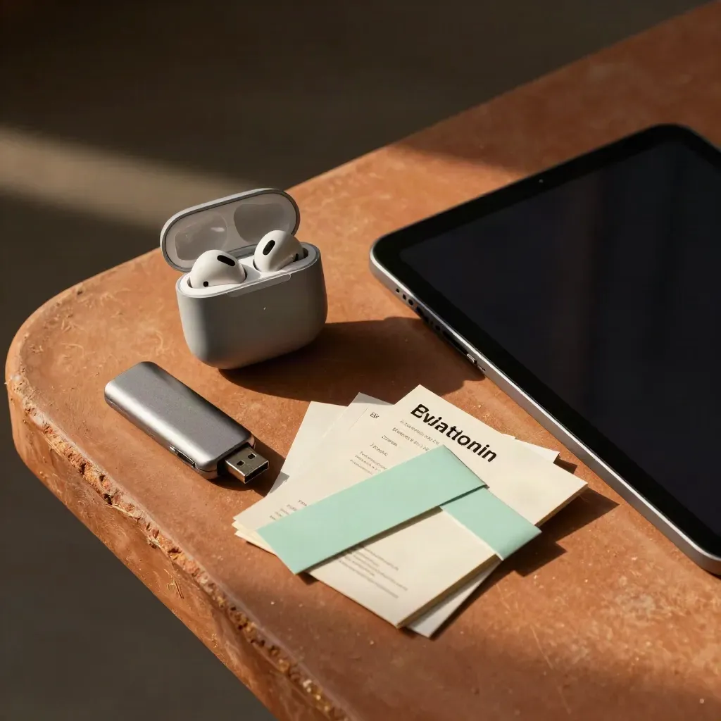 Kit do produkcji kursu: słuchawki, tablet i pendrive na terrakotowej płycie w miękkim świetle.