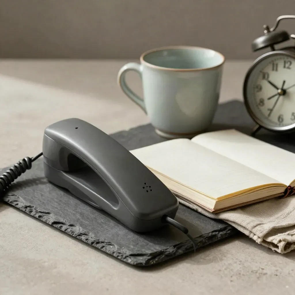 Słuchawka telefonu, zamknięty notes, kubek i zegar na kamiennej tacy.