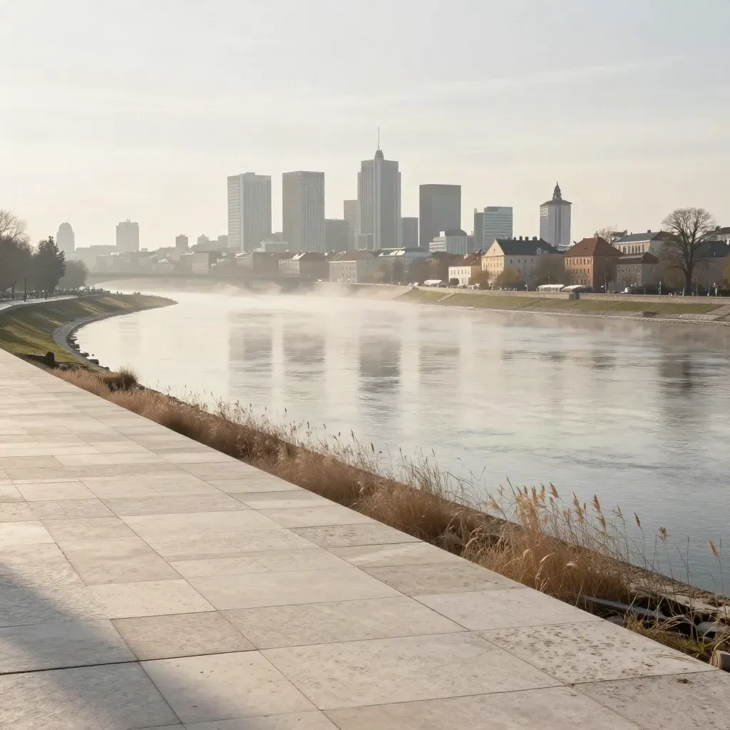 Warszawa i zakole Wisły o świcie, z mgłą i spokojnym pustym miejscem na tekst