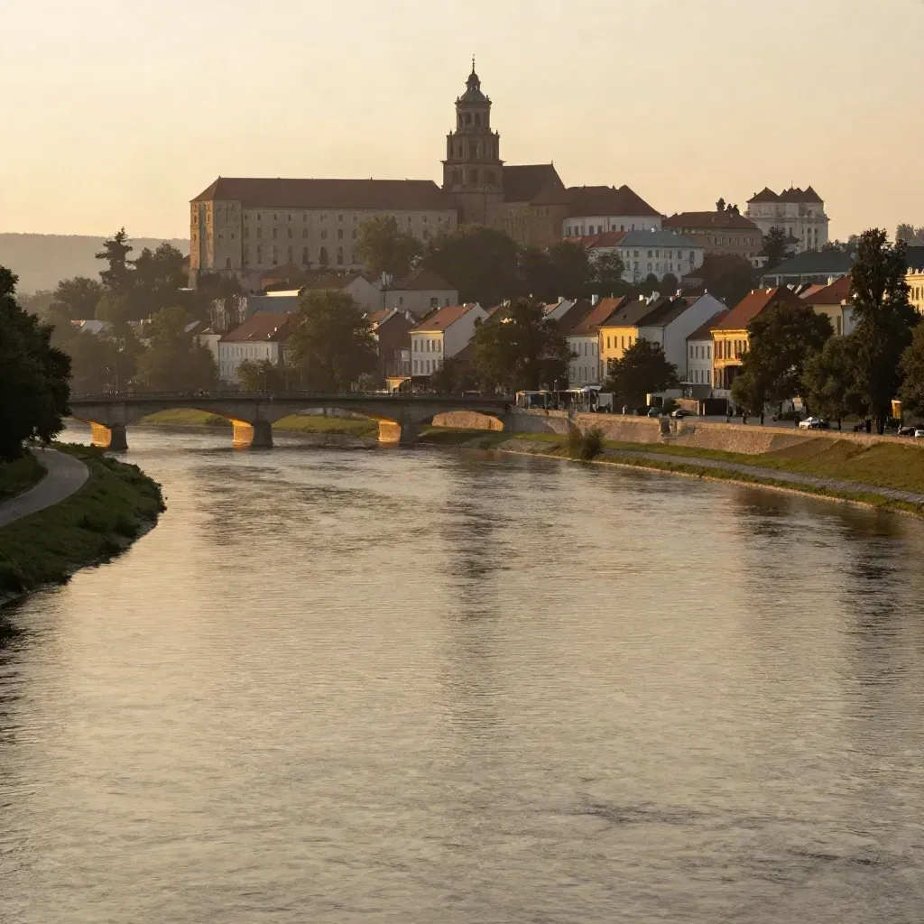 Kraków i Wawel nad rzeką w złotym świetle, nad spokojną, mglistą Małopolską.