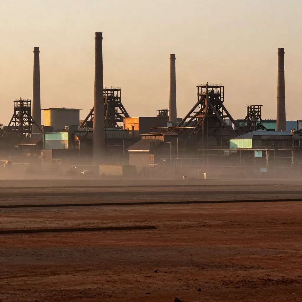 Mgliste industrialne krajobrazy Śląska z ciepłym światłem i pustą dolną przestrzenią na tekst.