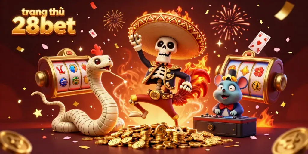Experience the vibrant casino action on trang chủ 28bet with a festive scene of characters among golden coins and slot reels.